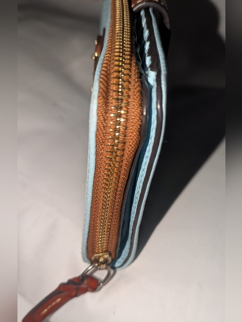 Dooney & Bourke Pale Blue Pebbled Leather Zip-Around Wallet with Brown Trim - Picture 5 of 10
